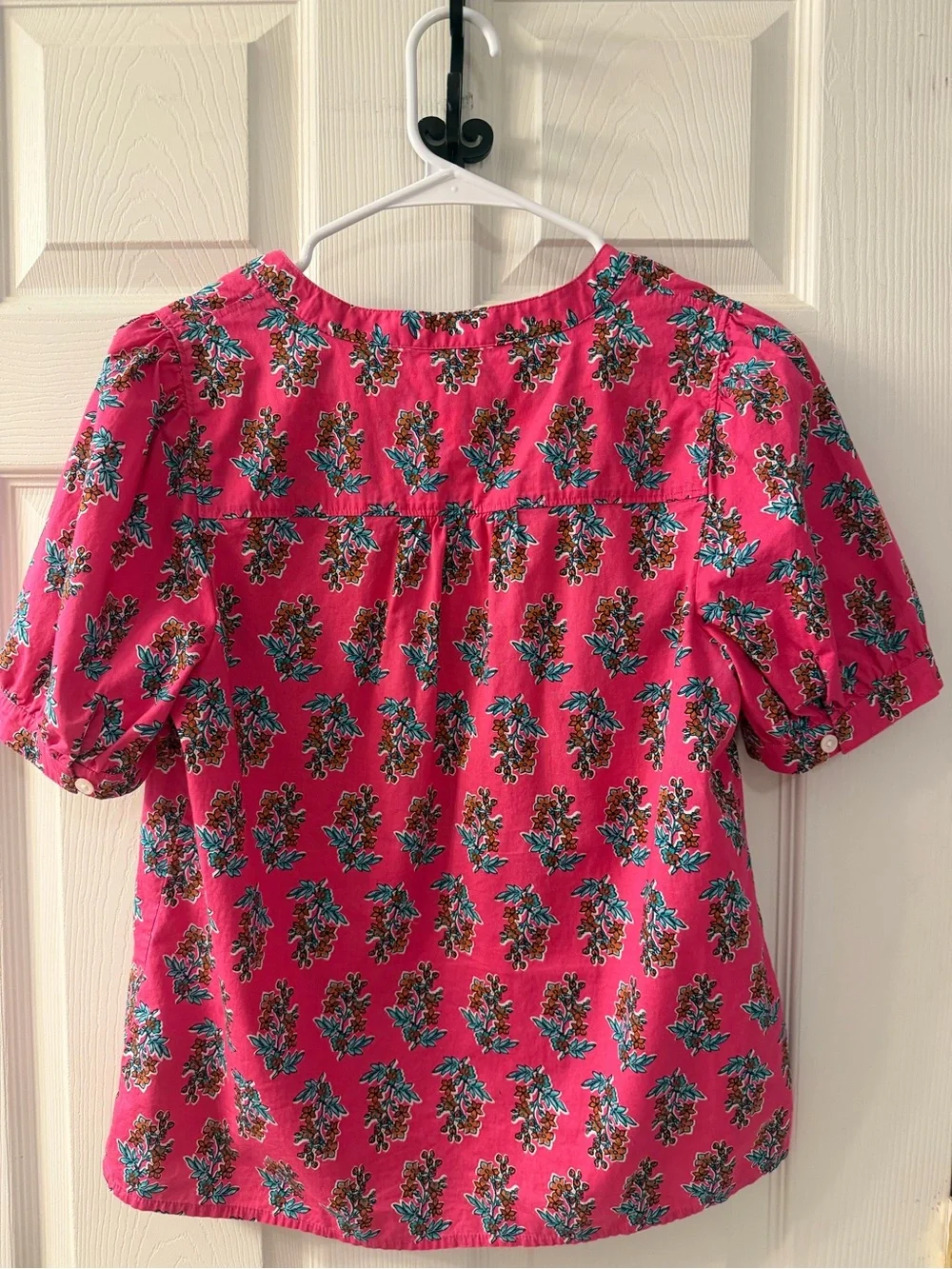 J. Crew Hot Pink Preppy Floral Feminine Puff Sleeve Split Neck Poplin Blouse XS - Picture 3 of 9